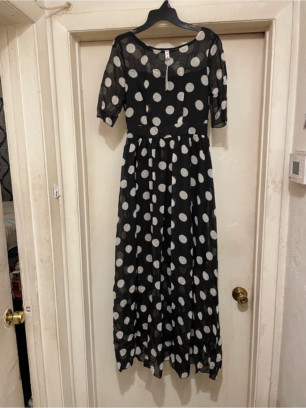 Color Plus Women’s Black & White Polka Dot Chiffon Sheer Maxi Dress S Pls Read